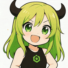 a girl with green hair and horns is wearing a black tank top with a green logo on it