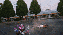a person in a purple helmet is riding a bike in a park