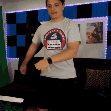 a man wearing a comisky park shirt is dancing