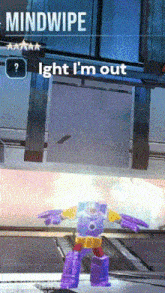 a purple robot is standing in front of a sign that says " mindwipe "