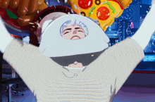 a cartoon character is holding a hamburger and a pizza in his hands
