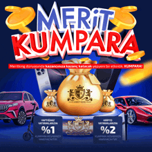 an advertisement for merit kumpara shows a bag of money