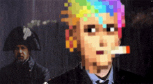 a pixel art of a man smoking a cigarette in front of a man in a napoleon hat
