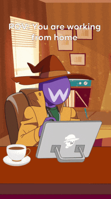 a cartoon of a wizard sitting at a desk with a computer and a cup of coffee