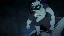 a cartoon drawing of a monster with a green face and yellow eyes