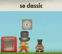 a cartoon character wearing a top hat stands in front of a clock and a red telephone booth