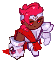 a cartoon character with a red hair and white armor is holding a shield .