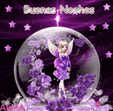 a fairy in a purple dress is surrounded by purple flowers and the words " buenas noches "