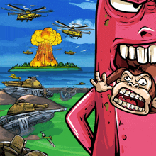 a cartoon of a monkey and a pink monster with a huge mouth