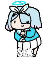 a cartoon of a girl with a halo on her head and the word sex on the bottom