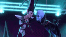 a cartoon character singing into a microphone while another character looks on