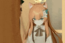 a girl with a flower in her hair is wearing a bow tie