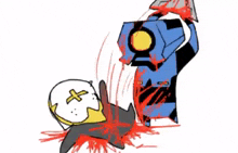 a cartoon of a penguin being killed by a robot with blood coming out of it .