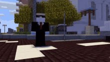 a minecraft character in a suit and tie is standing on a brick sidewalk