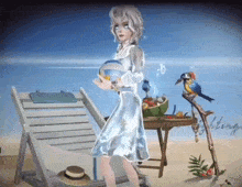 a girl in a white dress is standing on a beach holding a volleyball