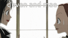 a couple of anime characters are standing next to each other and the words deven and mae are above them