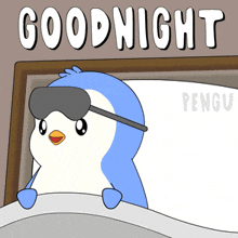 a cartoon of a penguin wearing a sleep mask that says goodnight