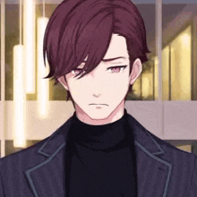a close up of a man with purple hair wearing a black turtleneck and a jacket .