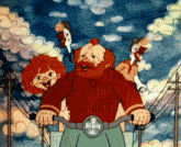 a man with a beard is riding a bike with two children on his back