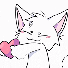 a white cat is holding a pink heart in its paw .