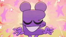 a purple cartoon character with a mouse 's head and ears is smiling and making a peace sign .