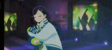 a girl is dancing in a dark room with a lot of lights behind her .