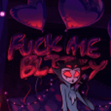a cartoon character is standing in front of a sign that says fuck me