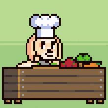 a pixel art illustration of a dog wearing a chef hat