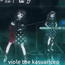 a girl playing a guitar next to another girl playing a keyboard with the words viole the kasuariceo on the bottom