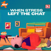 a cartoon of a man laying on a yoga mat with the words " when stress left the chat " above him