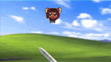 a cartoon character is flying over a grassy hill