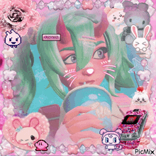 a picture of a girl with horns drinking from a cup with a picmix watermark on the bottom right