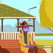 an illustration of a person with a w on their head sitting on a bench