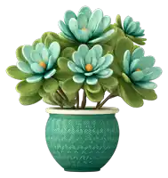 a green potted plant with blue flowers on a white background