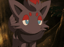 a pokemon with red and blue eyes is standing in the dark