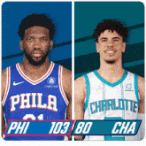 a philadelphia basketball player and a charlotte basketball player are shown