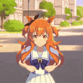 a girl with long orange hair is wearing a blue and white dress with a bow