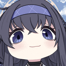 a cartoon drawing of a girl with long black hair and a blue headband