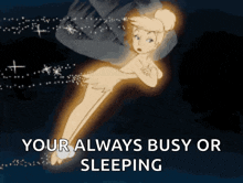 a picture of tinkerbell with the words " your always busy or sleeping "