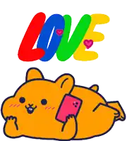 a cartoon bear is laying down with a pink phone under the word love