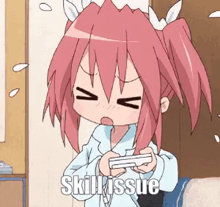 a girl with pink hair is playing a video game with the words skill issue written on the bottom
