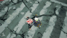 a couple of cartoon characters standing next to each other on a concrete surface