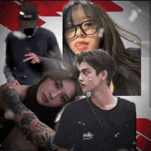 a girl with glasses is sticking her tongue out next to a boy with a tattoo on his arm