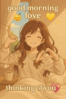 a good morning love thinking of you greeting card with a girl making a heart with her hands