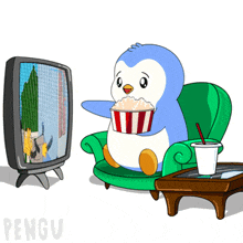 a penguin is sitting in a chair eating popcorn while watching tv