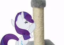 a cartoon pony with purple hair is scratching a cat tree