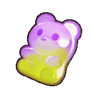 a purple and yellow gummy bear with a white face
