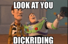 woody and buzz lightyear from toy story are looking at each other