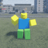 a roblox character standing in a grassy field with buildings in the background