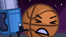 a basketball with a sad face is being attacked by a blue chainsaw